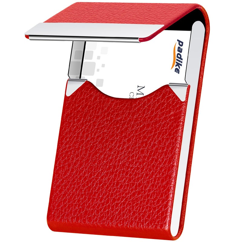 Padike Leather Business Card Holder for Women Leather Stainless Steel Business Card Case with Magnetic Shut (Red) - Image 1